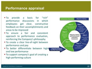 22Copyright © 2015 Talent Decisions srl. All rights reserved.
Performance appraisal
 To provide a basis for “rich”
performance discussions in which
employees get clear, constructive
feedback on their accomplishments and
areas to be improved
 To ensure a fair and consistent
approach to performance evaluation,
reinforcing the Company’s philosophy
 To create a clear line-of-sight between
performance and pay
 To better differentiate between high
and low performance
 To support company’s goal of creating a
high-performing culture
.
 