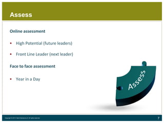 7Copyright © 2015 Talent Decisions srl. All rights reserved.
Assess
Online assessment
 High Potential (future leaders)
 Front Line Leader (next leader)
Face to face assessment
 Year in a Day
 