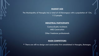 MARKET SIZE
The Municipality of Nasugbu has a total of 43 Barangays with a population of 134,
113 people.
INDUSTRIAL PARTICIPANTS
CantosxSuelto Architects
MBS Construction
Other freelance professionals
MAIN COMPETITORS
• There are still no design and construction firm established in Nasugbu, Batangas.
 