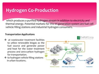  which produces a purified hydrogen stream in addition to electricity and
thermal energy. Potential markets for this tri-generation system are fuel cell
vehicle filling stations and industrial hydrogen consumers.
Hydrogen Co-Production
Transportation Applications
 at wastewater treatment facilities
to utilize renewable biogas as the
fuel source and generate power
and heat for the water treatment
process and zero-carbon hydrogen
for transportation.
 to hydrogen vehicle filling stations
in urban locations.
 