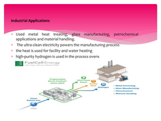  Used metal heat treating, glass manufacturing, petrochemical
applications and material handling.
 The ultra-clean electricity powers the manufacturing process
 the heat is used for facility and water heating
 high-purity hydrogen is used in the process ovens
Industrial Applications
 