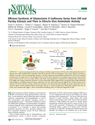 Eﬃcient Synthesis of Glaziovianin A Isoﬂavone Series from Dill and
Parsley Extracts and Their in Vitro/in Vivo Antimitotic Activity
Victor V. Semenov,*,†
Dmitry V. Tsyganov,†
Marina N. Semenova,‡,§
Roman N. Chuprov-Netochin,⊥
Mikhail M. Raihstat,†
Leonid D. Konyushkin,†
Polina B. Volynchuk,⊥
Elena I. Marusich,⊥
Vera V. Nazarenko,⊥
Sergey V. Leonov,⊥,∥
and Alex S. Kiselyov⊥
†
N. D. Zelinsky Institute of Organic Chemistry, RAS, Leninsky Prospect, 47, 119991, Moscow, Russian Federation
‡
Institute of Developmental Biology, RAS, Vavilov Street, 26, 119334, Moscow, Russian Federation
§
Chemical Block Ltd., 3 Kyriacou Matsi, 3723, Limassol, Cyprus
⊥
Life Sciences Center, Moscow Institute of Physics and Technology, Institutsky Per., 9, Dolgoprudny, Moscow Region 141700,
Russian Federation
∥
Institute of Cell Biophysics, RAS, Institutskaya Street, 3, Pushchino, Moscow Region 142290, Russian Federation
*S Supporting Information
ABSTRACT: A concise six-step protocol for the synthesis of isoﬂavone glaziovianin A (GVA) and its alkoxyphenyl derivatives 9
starting with readily available plant metabolites from dill and parsley seeds was developed. The reaction sequence involved an
eﬃcient conversion of the key intermediate epoxides 7 into the respective β-ketoaldehydes 8 followed by their Cu(I)-mediated
cyclization into the target series 9. The biological activity of GVA and its derivatives was evaluated using a panel of seven human
cancer cell lines and an in vivo sea urchin embryo assay. Both screening platforms conﬁrmed the antimitotic eﬀect of the parent
GVA (9cg) and its alkoxy derivatives. Structure−activity relationship studies suggested that compounds 9cd and 9cf substituted
with trimethoxy- and dillapiol-derived B-rings, respectively, were less active than the parent 9cg. Of the evaluated human cancer
cell lines, the A375 melanoma cell line was the most sensitive to the tested molecules. Notably, the target compounds were not
cytotoxic against human peripheral blood mononuclear cells up to 10 μM concentration. Phenotypic readouts from the sea
urchin assay unequivocally suggest a direct microtubule-destabilizing eﬀect of isoﬂavones 9cg, 9cd, and 9cf.
Natural compounds and their analogues account for almost
80% of all anticancer drugs approved between 1981 and
2010.1
Several antimitotic agents isolated from plants, including
colchicine, combretastatins, and podophyllotoxin, as well as
their semisynthetic and synthetic analogues, contain a
trimethoxyphenyl moiety.2−6
Flavonoids are abundant in nature
and exhibit both topological and pharmacophore resemblance
to pharmacologically active combretastatin and podophyllotox-
in derivatives.7
It is reasonable to assume that properly
substituted ﬂavonoids and their structural analogues may
show comparable antimitotic activity. Of these, isoﬂavones
deserve particular attention.
There is limited literature data on alkoxyisoﬂavones with
antiproliferative activity. A potent cytotoxic compound,
glaziovianin A (GVA), and less potent analogues I−III (Figure
1) were isolated from the leaves of the Brazilian tree Ateleia
glazioviana Baill. (Leguminosae).8
The leaves of this plant were
reported to induce abortions, cardiac failure, and central
nervous system injuries in live stock.8
Parent GVA and related
isoﬂavones I−III inhibited the growth of HL-60 human
promyelocytic leukemia cells with IC50 values of 0.29, 16, 23,
and 8.5 μM, respectively.8
Furthermore, GVA displayed high
cytotoxicity against a panel of 39 human cancer cell lines
(average IC50 = 0.66 μM),8
disrupted microtubule structure and
dynamics by binding to the colchicine site of the tubulin
Received: February 28, 2016
Article
pubs.acs.org/jnp
© XXXX American Chemical Society and
American Society of Pharmacognosy A DOI: 10.1021/acs.jnatprod.6b00173
J. Nat. Prod. XXXX, XXX, XXX−XXX
 