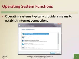 Operating System Functions
• Operating systems typically provide a means to
establish Internet connections

Page 142
Figure 7-6

Discovering Computers & Microsoft Office 2010:
Discovering Computers Chapter 4

15

 