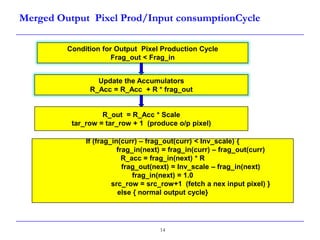 Merged Output Pixel Prod/Input consumptionCycle
Condition for Output Pixel Production Cycle
Frag_out < Frag_in
Update the Accumulators
R_Acc = R_Acc + R * frag_out
R_out = R_Acc * Scale
tar_row = tar_row + 1 (produce o/p pixel)
If (frag_in(curr) – frag_out(curr) < Inv_scale) {
frag_in(next) = frag_in(curr) – frag_out(curr)
R_acc = frag_in(next) * R
frag_out(next) = Inv_scale – frag_in(next)
frag_in(next) = 1.0
src_row = src_row+1 (fetch a nex input pixel) }
else { normal output cycle}
14
 