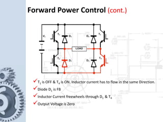 T1 is OFF & T4 is ON. Inductor current has to flow in the same Direction.
Diode D1 is FB
Inductor Current freewheels through D1 & T4
Output Voltage is Zero
Forward Power Control (cont.)
 