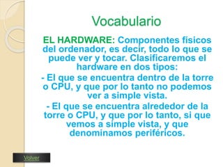 Vocabulario 
EL HARDWARE: Componentes físicos 
del ordenador, es decir, todo lo que se 
puede ver y tocar. Clasificaremos el 
hardware en dos tipos: 
- El que se encuentra dentro de la torre 
o CPU, y que por lo tanto no podemos 
ver a simple vista. 
- El que se encuentra alrededor de la 
torre o CPU, y que por lo tanto, si que 
vemos a simple vista, y que 
denominamos periféricos. 
Volver 
 