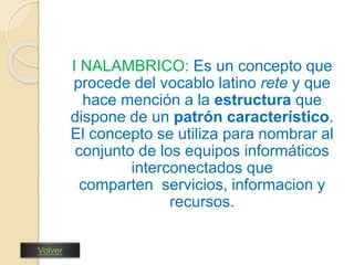 I NALAMBRICO: Es un concepto que 
procede del vocablo latino rete y que 
hace mención a la estructura que 
dispone de un patrón característico. 
El concepto se utiliza para nombrar al 
conjunto de los equipos informáticos 
interconectados que 
comparten servicios, informacion y 
recursos. 
Volver 
 