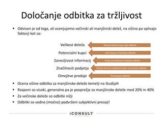 Določanje odbitka za tržljivost
 Odvisen je od tega, ali ocenjujemo večinski ali manjšinski delež, na višino pa vplivajo
faktorji kot so:
Velikost deleža Manjši deleži imajo višje odbitke
Potencialni kupci Več kupcev zmanjšuje odbitek
Zanesljivost informacij Večja zanesljivost zmajšuje odbitek
Značilnosti podjetja Močan brend, kvaliteten kader zmanjšuje odbitek
Omejitve prodaje Povečujejo odbitek
 Ocena višine odbitka za manjšinske deleže temelji na študijah
 Razponi so visoki, generalno pa je povprečje za manjšinske deleže med 20% in 40%
 Za večinske deleže so odbitki nižji
 Odbitki so vedno (močno) podvrženi subjektivni presoji!
 
