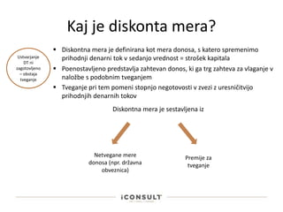 Kaj je diskonta mera?
 Diskontna mera je definirana kot mera donosa, s katero spremenimo
prihodnji denarni tok v sedanjo vrednost = strošek kapitala
 Poenostavljeno predstavlja zahtevan donos, ki ga trg zahteva za vlaganje v
naložbe s podobnim tveganjem
Ustvarjanje
DT ni
zagotovljeno
– obstaja
tveganje
 Tveganje pri tem pomeni stopnjo negotovosti v zvezi z uresničitvijo
prihodnjih denarnih tokov
Diskontna mera je sestavljena iz
Netvegane mere
donosa (npr. državna
obveznica)
Premije za
tveganje
 