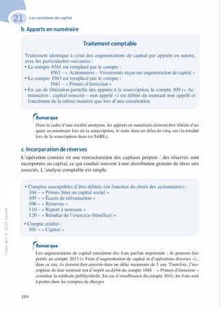 -0
0
c
::i
0
1..(),.....
0
N
@
.......�
O'I
ï:::
>­
a.
0
u
Les variations du capital
b. Apports en numéraire
Traitement comptable
Traitement identique à celui des augmentations de capital par apports en nature,
avec les particularités suivantes :
• Le compte 4561 est remplacé par le compte :
4563 - « Actionnaires - Versements reçus sur augmentation de capital »
• Le compte 1043 est remplacé par le compte :
1041 - « Primes d'émission »
• En cas de libération partielle des apports à la souscription, le compte 109 (« Ac­
tionnaires : capital souscrit - non appelé ») est débité du montant non appelé et
fonctionne de la même manière que lors d'une constitution
�emarque
Dans le cadre d'une société anonyme, les apports en numéraire doivent être libérés d'un
quart au minimum lors de la souscription, le reste dans un délai de cinq ans (la totalité
lors de la souscription dans les SARL).
c. Incorporation de réserves
L'opération consiste en une restructuration des capitaux propres : des réserves sont
incorporées au capital, ce qui conduit souvent à une distribution gratuite de titres aux
associés. L'analyse comptable est simple.
• Comptes susceptibles d'être débités (en fonction du choix des actionnaires) :
104 - « Primes liées au capital social »
105 - « Écarts de réévaluation »
106 - « Réserves »
1 10 - « Report à nouveau »
120 - « Résultat de l'exercice (bénéfice) »
• Compte crédité :
104
101 - « Capital »
�emarque
Les augmentations de capital entraînent des frais parfois importants : ils peuvent être
portés au compte 201 3 (« Frais d'augmentation de capital et d'opérations diverses ») ;
dans ce cas, ils doivent être amortis dans un délai maximum de 5 ans. Toutefois, l'ins­
cription de leur montant net d'impôt au débit du compte 1 041 - « Primes d'émission »
constitue la méthode préférentielle. En cas d'insuffisance du compte 1041, les frais sont
à porter dans les comptes de charges.
 