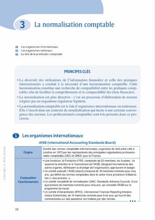-0
0
c
::i
0
1..()
,.....
0
N
@
.......
�
O'I
ï:::
>­
a.
0
u
La normalisation comptable
U Les organismes internationaux
D Les organismes nationaux
ID Le rôle de la profession comptable
PRINCIPES CLÉS
• La diversité des utilisateurs de l'information financière et celle des pratiques
internationales a conduit à la nécessité d'une harmonisation comptable. Cette
harmonisation constitue une recherche de compatibilité entre les pratiques comp­
tables afin de faciliter la compréhension et la comparabilité des états financiers.
• La normalisation est plus directive : c'est un processus d'élaboration de normes
(règles) par un organisme régulateur légitime.
• La normalisation comptable est le fait d'organismes internationaux ou nationaux.
Elle s'inscrit dans un contexte de mondialisation qui incite à une certaine conver­
gence des normes. Les professionnels comptables sont très présents dans ce pro­
cessus.
0 Les organismes internationaux
IASB (International Accounting Standards Board)
Comité des normes comptables internationales, organisme de droit privé créé à
Origine Londres en 1973 par les représentants des principales organisations profession-
nelles comptables (OEC et CNCC pour la France).
• Une fondation, la Fondation IFRS, composée de 22 membres, les trustees ; ils
assurent la direction et le financement de l'IASB, désignent les membres des
autres organes, définissent la stratégie de l'organisation, approuvent le budget.
• Un comité exécutif, l'IASB (board) composé de 16 membres nommés pour cinq
ans, qui définit les normes comptables dans le cadre d'une procédure d'élabora-
Composition tion (« due process ,,).
Fonctionnement • Un comité consultatif de normalisation (SAC, Standards Advisory Council), d'une
quarantaine de membres nommés pour cinq ans, qui conseille l'IASB sur le
programme de travail.
• Un comité d'interprétation (IFRl.C, International Financial Reporting lnterpre-
tations Committee), de 14 membres nommés pour trois ans, qui fournit des
commentaires sur des questions non traitées par des normes.
... -
10
 