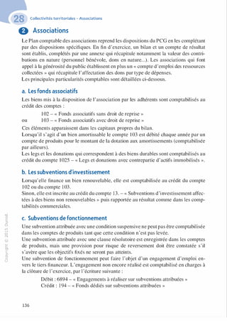 "'O
0
c
:J
0
lil.-t
0
N
@
.......
..c
Ol
·;::::
>
a.
0
u
Collectivités territoriales - Associations
G Associations
Le Plan comptable des associations reprend les dispositions du PCG en les complétant
par des dispositions spécifiques. En fin d'exercice, un bilan et un compte de résultat
sont établis, complétés par une annexe qui récapitule notamment la valeur des contri­
butions en nature (personnel bénévole, dons en nature...). Les associations qui font
appel à la générosité du public établissent en plus un « compte d'emploi des ressources
collectées » qui récapitule l'affectation des dons par type de dépenses.
Les principales particularités comptables sont détaillées ci-dessous.
a. Les fonds associatifs
Les biens mis à la disposition de l'association par les adhérents sont comptabilisés au
crédit des comptes :
102 - « Fonds associatifs sans droit de reprise »
ou 103 - « Fonds associatifs avec droit de reprise »
Ces éléments apparaissent dans les capitaux propres du bilan.
Lorsqu'il s'agit d'un bien amortissable le compte 103 est débité chaque année par un
compte de produits pour le montant de la dotation aux amortissements (comptabilisée
par ailleurs).
Les legs et les donations qui correspondent à des biens durables sont comptabilisés au
crédit du compte 1025 - « Legs et donations avec contrepartie d'actifs immobilisés ».
b. Les subventions d'investissement
Lorsqu'elle finance un bien renouvelable, elle est comptabilisée au crédit du compte
102 ou du compte 103.
Sinon, elle est inscrite au crédit du compte 13. - « Subventions d'investissement affec­
tées à des biens non renouvelables » puis rapportée au résultat comme dans les comp­
tabilités commerciales.
c. Subventions de fonctionnement
Une subvention attribuée avec une condition suspensive ne peutpas être comptabilisée
dans les comptes de produits tant que cette condition n'est pas levée.
Une subvention attribuée avec une clause résolutoire est enregistrée dans les comptes
de produits, mais une provision pour risque de reversement doit être constatée s'il
s'avère que les objectifs fixés ne seront pas atteints.
Une subvention de fonctionnement peut faire l'objet d'un engagement d'emploi en­
vers le tiers financeur. L'engagement non encore réalisé est comptabilisé en charges à
la clôture de l'exercice, par l 'écriture suivante :
136
Débit : 6894 - « Engagements à réaliser sur subventions attribuées »
Crédit : 194 - « Fonds dédiés sur subventions attribuées »
 