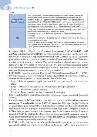 "'O
0
c
:J
0
lil
.-t
0
N
@
.......
..c
Ol
·;::::
>
a.
0
u
La normalisation comptable
•••
• Deux commissions : normes comptables internationales, normes comptables
privées ; elles comprennent chacune 9 membres et sont présidées par des
Composition membres du collège ; la première établit son programme sur la base des calen-
Fonctionnement ciriers de l'IASB, de l'IFRIC et de l'EFRAG ; les commissions s'appuient sur de
nombreux groupes de travail qui préparent les projets de règlements et d'avis.
• Des services généraux qui assurent le fonctionnement matériel de l'ANC.
• Établir sous forme de règlements les prescriptions comptables que doivent res-
pecter les entités relevant de la comptabilité privée.
• Donner un avis sur toute disposition législative ou réglementaire de nature
comptable.
Rôle • Émettre des avis et prises de position dans le cadre de l'élaboration des normes
comptables internationales.
• Veiller à la coordination des travaux théoriques et méthodologiques ; proposer
toute mesure dans ce domaine. Depuis 2010, l'ANC organise chaque année des
« états généraux de la recherche comptable ,,.
Le 5 juin 2014, le collège de l'ANC a adopté le règlement ANC n° 2014-03 relatif
au Plan comptable général (PCG). Ce règlement, homologué par l'arrêté du 8 sep­
tembre 201 4, remplace le règlement 99-03 relatif au PCG et tous les autres règlements
publiés depuis 1999. Il constitue ainsi la nouvelle référence officielle pour l'établisse­
ment des comptes annuels et résulte d'un travail conduit pendant deux ans en concer­
tation avec les professionnels comptables. Le PCG est désormais réorganisé autour
d'une nouvelle thématique et d'une nouvelle numérotation de ses articles mais à droit
constant (la numérotation des comptes n'est pas modifiée).
Le PCG (183 pages) se compose désormais de 550 articles numérotés de 1 1 1 - 1 à 948-
89, contenus dans 9 titres regroupés en 4 livres. Chaque titre est composé de chapitres,
sections et sous-sections. La structure du PCG se présente ainsi :
- Livre I : Principes généraux applicables aux différents postes des documents de syn-
thèse ;
- Livre II : Modalités particulières d'application des principes généraux ;
- Livre III : Modèles de comptes annuels ;
- Livre IV : Tenue, structure et fonctionnement des comptes.
Elle permet d'intégrer toutes les dispositions comptables futures sans ajout d'annexes
au PCG.
La publication du PCG en 201 4 a coïncidé avec la sortie du Recueil des normes
comptables françaises élaboré par l'ANC. Ce recueil de 438 pages facilite l'accès au
droit comptable pour l'ensemble des utilisateurs en mettant à leur disposition toutes les
références issues des organes de normalisation sur un sujet donné. Il reprend le plan du
PCG en ajoutant, pour chaque article concerné, sous forme de commentaires, les textes
issus de l'ANC, du CNC et du CRC. Les dispositions comptables contenues dans le
Code de commerce figurent en début du recueil. Des tables de concordance par rapport
au PCG 1 999 sont présentées en fin de recueil.
Le PCG et le Recueil des normes comptables françaises, mis à jour en continu, sont
consultables et téléchargeables en accès libre sur le site de l'ANC (www.anc.gouv.fr).
12
 