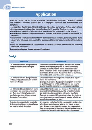 Éléments d'audit
Application
Voici un extrait de la norme d'exercice professionnel NEP-500 Caractère probant
des éléments collectés publiée par la Compagnie nationale des commissaires aux
comptes :
« Le degré de fiabilité des éléments collectés dépend de leur origine, de leur nature et des
circonstances particulières dans lesquelles ils ont été recueillis. Ainsi, en principe :
• les éléments collectés d'origine externe sont plus fiables que ceux d'origine interne (...) ;
• les éléments collectés d'origine interne sont d'autantplus fiables que le contrôle interne est
efficace ;
• les éléments obtenus directementpar le commissaire aux comptes, par exemple lors d'une
observation physique, sontplus fiables que ceux obtenus par des demandes d'information ;
(...)
• enfin, les éléments collectés constitués de documents originaux sont plus fiables que ceux
constitués de copies. »
Commenter chacune de ces quatre affirmations.
Corrigé
Affirmation Commentaire
Les éléments collectés d'origine externe Une information externe échappe à l'influence des acteurs
sont plus fiables que ceux d'origine internes à l'entreprise (dirigeants et service comptable).
interne. Exemple : la communication par les tiers de renseigne-
ments concernant l'entité dans le cadre de la procédure de
confirmation directe (solde d'un compte client ou fournisseur,
montant des prêts accordés par les banques...).
Les éléments collectés d'origine interne Un contrôle interne efficace garantit l'exactitude et la perti-
sont d'autant plus fiables que le contrôle nence des informations.
interne est efficace. Exemple : la présence d'un personnel comptable compétent
et qualifié au sein de l'entité auditée apporte une sécurité
quant à la validité des écritures comptables enregistrées.
Les éléments obtenus directement par le La qualité d'une réponse à une demande d'infonnation est
commissaire aux comptes, par exemple soumise à l'intégrité de son auteur. La constatation directe
lors d'une observation physique, sont par le commissaire aux comptes est réputée plus fiable.
plus fiables que ceux obtenus par des Exemple : en assistant à l'inventaire physique des stocks, le
demandes d'information. commissaire aux comptes s'assure de la valeur affectée au
stock final apparaissant au bilan.
Enfin, les éléments collectés constitués Un document original authentifié a un caractère probant plus
de documents originaux sont plus fiables affirmé qu'une simple copie, qui a pu être établie en asso-
que ceux constitués de copies. ciant divers originaux ou en introduisant des malversations.
Cela concerne aussi les documents dématérialisés et pose le
problème de l'authentification des données informatisées.
156
 