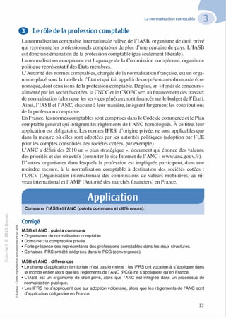 -0
0
c
::i
0
1..()
,.....
0
N
@
.......
�
O'I
ï:::
>-
a_
0
u
La normalisation comptable
0 Le rôle de la profession comptable
:;:;
-cl
§
t;...
...
....
·E0
:;"'
c:0c:
c:
,gu
::>
-cl
8o..
1::
...
:;
�
1
-cl0c:::>
0
@
La normalisation comptable internationale relève de l'IASB, organisme de droit privé
qui représente les professionnels comptables de plus d'une centaine de pays. L'IASB
est donc une émanation de la profession comptable (pas seulement libérale).
La normalisation européenne est l'apanage de la Commission européenne, organisme
politique représentatif des États membres.
L'Autorité des normes comptables, chargée de la normalisation française, est un orga­
nisme placé sous la tutelle de l'État et qui fait appel à des représentants du monde éco­
nomjque, dont ceux issus de la profession comptable. De plus, un « fonds de concours »
alimenté par les sociétés cotées, la CNCC et le CSOEC sert au financement des travaux
de normalisation (alors que les services généraux sont financés sur le budget de l'État).
Ainsi, l'IASB et l' ANC, chacune à leur manière, intègrent largement les contrfüutions
de la profession comptable.
En France, les normes comptables sont comprises dans le Code de commerce et le Plan
comptable général qui intègrent les règlements de l'ANC homologués. À ce titre, leur
application est obligatoire. Les normes IFRS, d'origine privée, ne sont applicables que
dans la mesure où elles sont adoptées par les autorités politiques (adoption par l'UE
pour les comptes consolidés des sociétés cotées, par exemple).
L'ANC a défini dès 2010 un « plan stratégique », document qui énonce des valeurs,
des priorités et des objectifs (consulter le site Internet de l'ANC : www.anc.gouv.fr).
D'autres organismes dans lesquels la profession est impliquée participent, dans une
moindre mesure, à la normalisation comptable à destination des sociétés cotées :
l'OICV (Orgarusation internationale des commissions de valeurs mobilières) au ni­
veau international et l'AMF (Autorité des marchés financiers) en France.
Application
Comparer l'IASB et I'ANC (points communs et différences).
Corrigé
IASB et ANC : points communs
• Organismes de normalisation comptable.
• Domaine : la comptabilité privée.
• Forte présence des représentants des professions comptables dans les deux structures.
• Certaines IFRS ont été intégrées dans le PCG (convergence).
IASB et ANC : différences
• Le champ d'application territoriale n'est pas le même : les IFRS ont vocation à s'appliquer dans
le monde entier alors que les règlements de l'ANC (PCG) ne s'appliquent qu'en France.
• L'IASB est un organisme de droit privé, alors que l'ANC est intégrée dans un processus de
normalisation publique.
• Les IFRS ne s'appliquent que sur adoption volontaire, alors que les règlements de l'ANC sont
d'application obligatoire en France.
13
 
