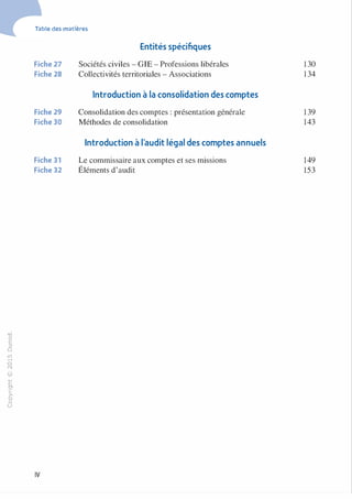 "'O
0
c
:J
0
lil
.-t
0
N
@
.......
..c
Ol
·;::::
>
a.
0
u
Table des matières
fiche27
fiche28
fiche29
fiche30
fiche31
fiche32
IV
Entités spécifiques
Sociétés civiles - GIE - Professions libérales
Collectivités territoriales - Associations
Introduction à la consolidation des comptes
Consolidation des comptes : présentation générale
Méthodes de consolidation
Introduction à l'audit légal des comptes annuels
Le commissaire aux comptes et ses missions
Éléments d'audit
1 30
1 34
1 39
143
149
153
 