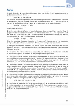 "'O
0
c
:J
0
lil �"O
.-t
t:0 ::>
N t;...
@ ...
,..,
....... -�,_,
..c 0
Ol :;
·;:::: "'
>- t:0Q_ t:
0 t:
u �u::>-00,_,o..
:'::
...
:;
f3
1
-00t:::>
Q
@
Événements postérieurs à la clôture
Corrigé
1 . Au 31 décembre N-1 , une dépréciation a été dotée pour 40 000 € ; or il apparaît que la perte
probable est maintenant chiffrée à :
80 000 € X 70 % = 56 000 €
L'événement (cessation de paiement) est un événement postérieur à la clôture ayant un lien direct
et prépondérant avec une situation existant à la clôture de l'exercice N-1 : il faut donc ajuster le
montant de la dépréciation (écriture datée du 31 décembre N-1 ) en l'augmentant de :
56 000 € - 40 000 € = 1 6 000 €
pour le porter à 56 000 €,
2. L'information obtenue à l'issue de la vente (la valeur réelle de négociation) a un lien direct et
prépondérant avec la détention des titres à la clôture de l'exercice N-1 : une dépréciation avait
été dotée pour un montant de 6 000 €, il faut augmenter ce montant en pratiquant une dotation
complémentaire de 5 000 €, ce qui portera la dépréciation à :
46 000 € - 35 000 € = 1 1 000 €
C'est bien la valeur probable de négociation au 31 décembre N-1 qui est retenue pour le calcul de
la dépréciation. La vente survenue en mars N nous permet d'en préciser le montant.
3. Il s'agit d'un événement postérieur à la clôture n'ayant aucun lien direct avec une situation
existant à la clôture ; c'est un événement significatif pour l'information des tiers, mention en sera
faite dans l'annexe.
4. Il s'agit bien d'un événement ayant un lien direct et prépondérant avec des situations existant à
la clôture : on réajustera les écritures de charges à payer correspondantes.
5. L'information obtenue lors de la vente quant à la valeur réelle de l'immobilisation concerne bien
une immobilisation présente dans l'entreprise à la clôture de l'exercice précédent ; de plus, il s'agit
d'une information significative. Cependant, s'agissant d'une plus-value, le principe de prudence
s'applique : il ne sera pas fait mention de cette information dans l'annexe.
6. L'information relative à la baisse du cours des titres cotés est un événement postérieur à la
clôture sans lien direct avec une situation existant à la clôture. En effet, pour ce type de titres, la
réglementation comptable fixe comme valeur d'inventaire le cours moyen du dernier mois (dé­
cembre N-1 ). Les comptes ne seront donc pas modifiés. Si l'on estime que l'information est signi­
ficative, on peut la mentionner dans l'annexe_
7. L'événement postérieur à la clôture est l'évaluation communiquée par l'expert en janvier N. Elle
a un lien direct et prépondérant avec une situation existant à la clôture (présence du terrain au
bilan) et conduira à l'enregistrement d'une dépréciation pour le montant :
1 50 000 € - 1 20 000 € = 30 000 €
8. L'estimation du dommage subi par le client en janvier N a un lien direct et prépondérant avec
la livraison des pièces survenues pendant l'exercice N-1 . Aucune assurance ne couvre ce dom­
mage, aussi il est nécessaire de comptabiliser une provision pour risques à la clôture de l'exercice
N-1 , pour un montant de 1 2 500 €.
83
 