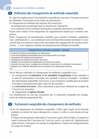 "'O
0
c
:J
0
lil.-t
0
N
@
.......
..c
Ol
·;::::
>
a.
0
u
Changements de méthodes comptables
0 Définition des changements de méthode comptable
Il s'agit du remplacement d'une méthode comptable parune autre. Cela peut concerner
les méthodes d'évaluation ou les règles de présentation.
Le changement de méthode doit toujours être motivé par :
- un changement exceptionnel dans la situation de l'entreprise ;
- et la recherche d'une meilleure information comptable (pertinence et fiabilité).
Il peut aussi résulter d'un changement de règlementation imposé par l'autorité com­
pétente.
Enfin, l'organisme de normalisation considère que certaines méthodes comptables
sont « préférentielles », car conduisant à une meilleure information (méthode à l 'avan­
cement dans les contrats à long terme, inscription des engagements de retraite en pro­
visions. . .). Leur adoption constitue un changement de méthode irréversible.
Changements de méthodes comptables : exemples
• Évaluation des titres de participation par équivalence.
• Frais de développement immobilisés alors qu'ils étaient portés en charges.
• Changement de méthode d'amortissement.
• Changement de méthode d'évaluation des stocks.
• Adoption de l'inscription des engagements de retraite en provisions.
• Contrats de longue durée : passage de la méthode à l'achèvement à la méthode à l'avancement.
• Adoption d'une méthode dérogatoire dans l'évaluation d'une dépréciation des titres.
etc.
On ne doit pas confondre les changements de méthodes comptables avec :
- les changements d'estimations et de modalités d'application d'une méthode, à
la suite de circonstances nouvelles nées pendant l'exercice (exemples : évolution
des informations disponibles nécessaires à une évaluation, modification de la durée
d'un plan d'amortissement après expertise du matériel) ;
- les corrections d'erreurs : elles concernent le passé mais affectent les comptes de
l'exercice de correction ;
- les changements d'options fiscales.
Ces modifications ne sont pas concernées par le traitement comptable des change­
ments de méthodes proprement dits.
0 Traitement comptable des changements de méthodes
• Lors de changements de méthodes comptables, l'effet, après impôt, de la nouvelle
méthode est calculé de façon rétrospective, comme si celle-ci avait toujours été ap­
pliquée.
L'impact du changement, déterminé à l'ouverture, après effet d'impôt, est imputé en
report à nouveau dès l'ouverture de l'exercice sauf si, en raison de l'application de
règles fiscales, l'entreprise est amenée à comptabiliser l'impact du changement dans
le compte de résultat.
94
 