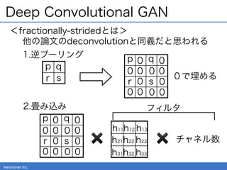 Nextremer Inc.
Deep Convolutional GAN
＜fractionally-stridedとは＞
他の論文のdeconvolutionと同義だと思われる
1.逆プーリング
2.畳み込み
p q
r s
p q
r s...