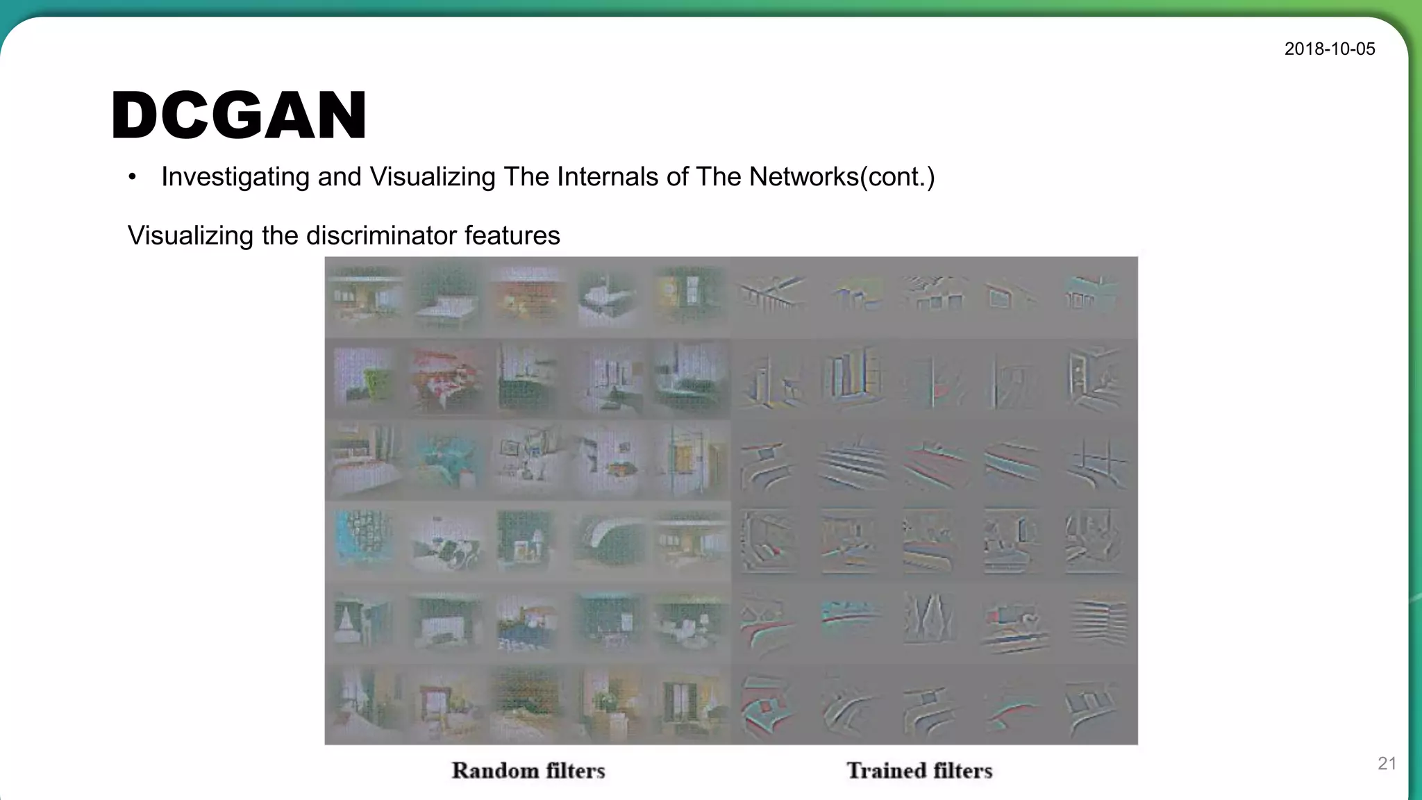 DCGAN
2018-10-05
21
• Investigating and Visualizing The Internals of The Networks(cont.)
Visualizing the discriminator features
 