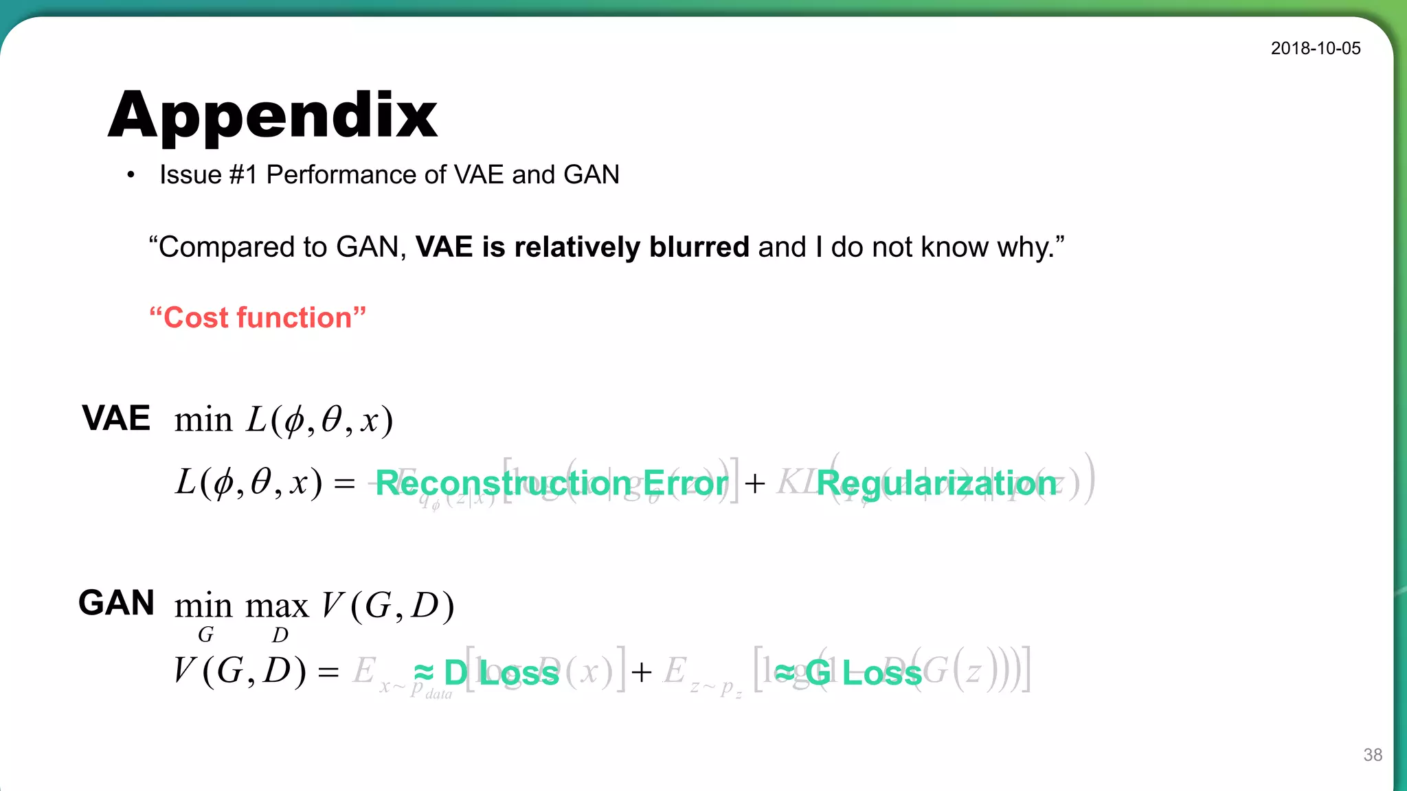 Appendix
• Issue #1 Performance of VAE and GAN
2018-10-05
38
“Compared to GAN, VAE is relatively blurred and I do not know why.”
“Cost function”
    )(||)|()(|log),,( )|( zpxzqKLzgxExL xzq 
 
),,(min xL VAE
),(maxmin DGV
DG
      zGDExDEDGV zdata pzpx  1log)(log),( ~~
GAN
Intuition
Reconstruction Error Regularization
≈ D Loss ≈ G Loss
 