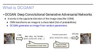 What is DCGAN?
▪ DCGAN: Deep Convolutional Generative Adversarial Networks
● It works in the opposite direction of the image classifier (CNN).
● CNN transforms an image to a class label (list of probabilities).
● DCGAN generates an image from random parameters.
(0.01, 0.05, 0.91, 0.02, ...)
deer dog cat human ...
(0.01, 0.05, 0.91, 0.02, ...)
CNN
DCGAN
Probabilities of each entry.
What do these
numbers mean?
Random parameters
 