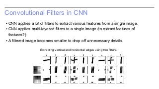 Convolutional Filters in CNN
▪ CNN applies a lot of filters to extract various features from a single image.
▪ CNN applies multi-layered filters to a single image (to extract features of
features?)
▪ A filtered image becomes smaller to drop off unnecessary details.
Extracting vertical and horizontal edges using two filters.
 