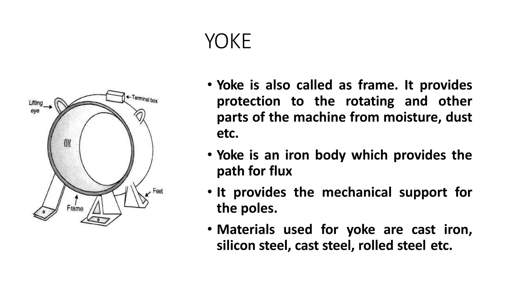 YOKE
• Yoke is also called as frame. It provides
protection to the rotating and other
parts of the machine from moisture, dust
etc.
• Yoke is an iron body which provides the
path for flux
• It provides the mechanical support for
the poles.
• Materials used for yoke are cast iron,
silicon steel, cast steel, rolled steel etc.
 