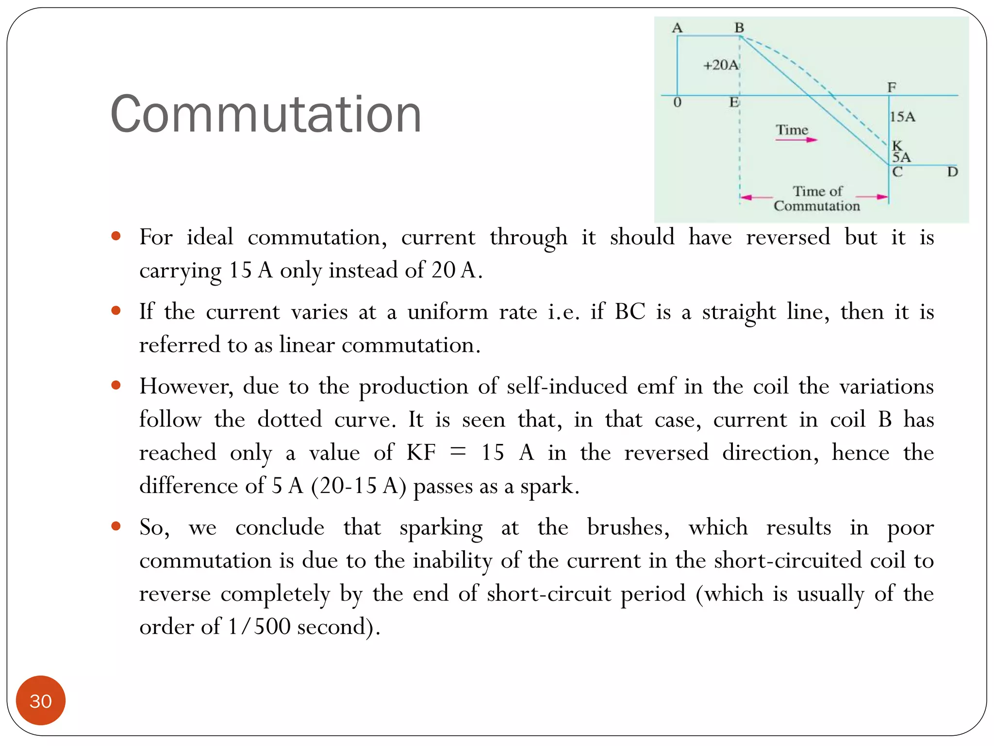 Commutation
30
 For ideal commutation, current through it should have reversed but it is
carrying 15A only instead of 20A.
 If the current varies at a uniform rate i.e. if BC is a straight line, then it is
referred to as linear commutation.
 However, due to the production of self-induced emf in the coil the variations
follow the dotted curve. It is seen that, in that case, current in coil B has
reached only a value of KF = 15 A in the reversed direction, hence the
difference of 5A (20-15A) passes as a spark.
 So, we conclude that sparking at the brushes, which results in poor
commutation is due to the inability of the current in the short-circuited coil to
reverse completely by the end of short-circuit period (which is usually of the
order of 1/500 second).
 