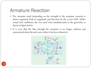 Armature Reaction
16
 The armature mmf (depending on the strength of the armature current) is
shown separately both in magnitude and direction by the vector OFA. Under
actual load conditions, the two mmf exist simultaneously in the generator as
shown in figure below.
 It is seen that the flux through the armature is no longer uniform and
symmetrical about the pole axis, rather it has been distorted.
 