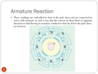 Armature Reaction
25
 These windings are embedded in slots in the pole shoes and are connected in
series with armature in such a way that the current in them flows in opposite
direction to that flowing in armature conductors directly below the pole shoes.
arc between .
 