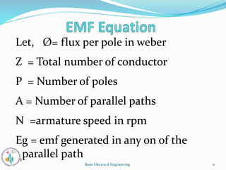 Let, Ø= flux per pole in weber
Z = Total number of conductor
P = Number of poles
A = Number of parallel paths
N =armature speed in rpm
Eg = emf generated in any on of the
parallel path
11
Basic Electrical Engineering
 