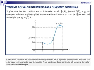 Continuidad
TEOREMA DEL VALOR INTERMEDIO PARA FUNCIONES CONTINUAS
Si 𝑓 es una función continua en un intervalo cerrado 𝑎, 𝑏 , 𝑓(𝑎) ≠ 𝑓(𝑏), e 𝑦0 es
cualquier valor entre 𝑓(𝑎) y 𝑓(𝑏), entonces existe al menos un 𝑐 en 𝑎, 𝑏 para el cual
se cumple que 𝑦0 = 𝑓 𝑐 .
Como todo teorema, es fundamental el cumplimiento de la hipótesis para que sea aplicable. En
este caso es importante que la función 𝑓 sea continua. Caso contrario, el teorema del valor
intermedio no se cumple.
 