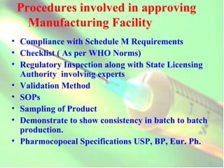 Procedures involved in approving Manufacturing Facility Compliance with Schedule M Requirements Checklist ( As per WHO Norms) Regulatory Inspection along with State Licensing Authority  involving experts Validation Method SOPs Sampling of Product Demonstrate to show consistency in batch to batch production. Pharmocopoeal Specifications USP, BP, Eur. Ph. 