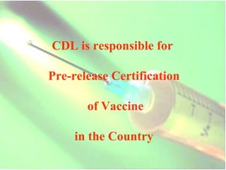 CDL is responsible for  Pre-release Certification of Vaccine  in the Country 