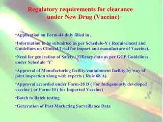 Application on Form-44 duly filled in .  Information to be submitted as per Schedule-Y ( Requirement and Guidelines on Clinical Trial for import and manufacture of Vaccine). Need for generation of Safety / Efficacy data as per GCP Guidelines under Schedule ‘Y’ Approval of Manufacturing facility/containment facility by way of joint inspection along with experts ( Rule 68 A). Approval accorded under Form-28 D ( For Indigenously developed vaccine ) or Form-10 ( for Imported Vaccine) Batch to Batch testing Generation of Post Marketing Surveillance Data Regulatory requirements for clearance under New Drug (Vaccine) 