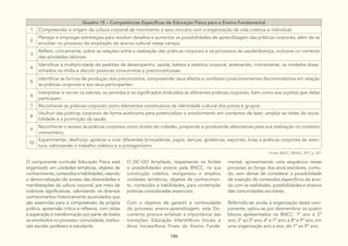 186
Quadro 15 – Competências Específicas de Educação Física para o Ensino Fundamental
1 Compreender a origem da cultura corporal de movimento e seus vínculos com a organização da vida coletiva e individual.
2
Planejar e empregar estratégias para resolver desafios e aumentar as possibilidades de aprendizagem das práticas corporais, além de se
envolver no processo de ampliação do acervo cultural nesse campo.
3
Refletir, criticamente, sobre as relações entre a realização das práticas corporais e os processos de saúde/doença, inclusive no contexto
das atividades laborais.
4
Identificar a multiplicidade de padrões de desempenho, saúde, beleza e estética corporal, analisando, criticamente, os modelos disse-
minados na mídia e discutir posturas consumistas e preconceituosas.
5
Identificar as formas de produção dos preconceitos, compreender seus efeitos e combater posicionamentos discriminatórios em relação
às práticas corporais e aos seus participantes.
6
Interpretar e recriar os valores, os sentidos e os significados atribuídos às diferentes práticas corporais, bem como aos sujeitos que delas
participam.
7 Reconhecer as práticas corporais como elementos constitutivos da identidade cultural dos povos e grupos.
8
Usufruir das práticas corporais de forma autônoma para potencializar o envolvimento em contextos de lazer, ampliar as redes de socia-
bilidade e a promoção da saúde.
9
Reconhecer o acesso às práticas corporais como direito do cidadão, propondo e produzindo alternativas para sua realização no contexto
comunitário.
10
Experimentar, desfrutar, apreciar e criar diferentes brincadeiras, jogos, danças, ginásticas, esportes, lutas e práticas corporais de aven-
tura, valorizando o trabalho coletivo e o protagonismo.
Fonte: BNCC, BRASIL, 2017, p. 221.
O componente curricular Educação Física está
organizado em unidades temáticas, objetos de
conhecimento, conteúdos e habilidades, visando
a democratização do acesso das diversidades e
manifestações da cultura corporal, por meio de
vivências significativas, valorizando os diversos
conhecimentos historicamente acumulados que
são essenciais para a compreensão da própria
prática, apreensão crítica e reflexiva, com vistas
à superação e transformação por parte de todos
os envolvidos no processo: comunidade, institui-
ção escolar, professor e estudante.
O DC-GO Ampliado, respeitando os limites
e possibilidades postos pela BNCC, na sua
construção coletiva, reorganizou e ampliou
unidades temáticas, objetos de conhecimen-
to, conteúdos e habilidades, para contemplar
práticas consideradas essenciais.
Com o objetivo de garantir a continuidade
do processo ensino-aprendizagem, este Do-
cumento procura enfatizar a importância das
transições: Educação Infantil/Anos Iniciais e
Anos Iniciais/Anos Finais do Ensino Funda-
mental, apresentando uma sequência nesse
processo ao longo dos anos escolares, contu-
do, sem deixar de considerar a possibilidade
de inserção de conteúdos específicos de acor-
do com as realidades, possibilidades e anseios
das comunidades escolares.
Referindo-se, ainda, à organização deste com-
ponente, optou-se por desmembrar os quatro
blocos apresentados na BNCC: 1º ano e 2º
ano; 3º ao 5º ano; 6º e 7º ano; e 8º e 9º ano, em
uma organização ano a ano, do 1º ao 9º ano.
 