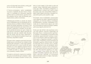 189
189
189 189
como nos seguintes casos: bocha, curling, gol-
fe, tiro com arco, tiro esportivo.
• Técnico-combinatório: reúne modalidades
nas quais o resultado da ação motora compa-
rado é a qualidade do movimento segundo
padrões técnico-combinatórios: ginástica artís-
tica, ginástica rítmica, nado sincronizado, pati-
nação artística, saltos ornamentais.
• Rede/quadra dividida ou parede de rebote:
reúne modalidades que se caracterizam por ar-
remessar, lançar ou rebater a bola em direção a
setores da quadra adversária, nos quais o rival
seja incapaz de devolvê-la da mesma forma ou
que leve o adversário a cometer um erro den-
tro do período de tempo em que o objeto do
jogo está em movimento. Alguns exemplos de
esportes de rede são: voleibol, vôlei de praia,
tênis de campo, tênis de mesa, badminton e
peteca. Já os esportes de parede incluem pe-
lota basca, raquetebol, squash.
• Campo e taco: categoria que reúne as moda-
lidades que se caracterizam por rebater a bola
lançada pelo adversário o mais longe possível,
para tentar percorrer o maior número de vezes
as bases ou a maior distância possível entre as
bases, enquanto os defensores não recuperam
o controle da bola, e, assim, somar pontos,
como beisebol, críquete, softbol.
• Invasão ou territorial: conjunto de modalida-
des que se caracterizam por comparar a capa-
cidade de uma equipe introduzir ou levar uma
bola, ou outro objeto, a uma meta ou setor da
quadra/ campo defendida pelos adversários,
como gol, cesta, touchdown, protegendo, si-
multaneamente, o próprio alvo, meta ou setor
do campo, tais como: basquetebol, frisbee, fu-
tebol, futsal, futebol americano, handebol, hó-
quei sobre grama, polo aquático, rúgbi.
• Combate: reúne modalidades caracterizadas
como disputas nas quais o oponente deve ser
subjugado, com técnicas, táticas e estratégias
de desequilíbrio, contusão, imobilização ou ex-
clusão de um determinado espaço, por meio
de combinações de ações de ataque e defesa:
judô, boxe, esgrima, tae kwon do.
Ainda que não tenham sido expressas como
uma das práticas corporais organizadas da
Educação Física, é extremamente significati-
vo ressaltar a necessidade e a pertinência dos
estudantes experimentarem práticas corpo-
rais no meio líquido, dada sua inegável impor-
tância para a segurança pessoal e também
para o lazer. Possibilitar a experimentação de
atividades aquáticas diferenciadas nas aulas
de Educação Física contribui para a amplia-
ção do repertório motor do estudante, assim
como permite o acesso a novos conhecimen-
tos. É importante lembrar que essas vivências
vão além dos esportes aquáticos, em espe-
cial, a natação e seus estilos de nado, mas
também atividades aquáticas que, de forma
lúdica, permitam aprender os movimentos
básicos de deslocamento na água, respiração,
flutuação, entre outros.
 