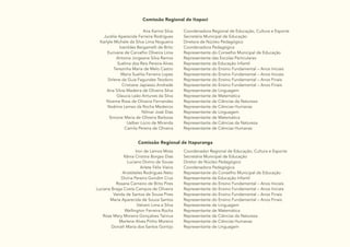 21
Comissão Regional de Itapaci
Ana Karina Silva
Jucélia Aparecida Ferreira Rodrigues
Karlyle Michele da Silva Lima Nogueira
Ivanildes Bergamelli de Brito
Eurivane de Carvalho Oliveira Lima
Antonia Jorgeane Silva Ramos
Suelma dos Reis Pereira Alves
Terezinha Maria de Melo Castro
Maria Suelita Ferreira Lopes
Sirlene da Guia Fagundes Teodoro
Cristiane Japiassú Andrade
Ana Sílvia Madeira de Oliveira Silva
Glaucia Leão Antunes da Silva
Noeme Rosa de Oliveira Fernandes
Noêmia Lemes da Rocha Medeiros
Nilmar José Dias
Simone Maria de Oliveira Barbosa
Uelber Lúcio de Miranda
Camila Pereira de Oliveira
Coordenadora Regional de Educação, Cultura e Esporte
Secretária Municipal de Educação
Diretora de Núcleo Pedagógico
Coordenadora Pedagógica
Representante do Conselho Municipal de Educação
Representante das Escolas Particulares
Representante da Educação Infantil
Representante do Ensino Fundamental – Anos Iniciais
Representante do Ensino Fundamental – Anos Iniciais
Representante do Ensino Fundamental – Anos Finais
Representante do Ensino Fundamental – Anos Finais
Representante de Linguagem
Representante de Matemática
Representante de Ciências da Natureza
Representante de Ciências Humanas
Representante de Linguagem
Representante de Matemática
Representante de Ciências da Natureza
Representante de Ciências Humanas
Comissão Regional de Itapuranga
Iron de Lemos Mota
Kênia Cristina Borges Dias
Luciano Divino de Sousa
Arlete Félix Vieira
Aristóteles Rodrigues Neto
Divina Pereira Gondim Cruz
Rosana Carneiro de Brito Pires
Luciana Braga Costa Campos de Oliveira
Vanda de Santos de Sousa Pires
Maria Aparecida de Souza Santos
Valceni Lima e Silva
Wellington Ferreira Rocha
Rose Mary Moreira Gonçalves Tannus
Marlene Alves Pinho Moreira
Dorceli Maria dos Santos Gontijo
Coordenador Regional de Educação, Cultura e Esporte
Secretária Municipal de Educação
Diretor de Núcleo Pedagógico
Coordenadora Pedagógica
Representante do Conselho Municipal de Educação
Representante da Educação Infantil
Representante do Ensino Fundamental – Anos Iniciais
Representante do Ensino Fundamental – Anos Iniciais
Representante do Ensino Fundamental – Anos Finais
Representante do Ensino Fundamental – Anos Finais
Representante de Linguagem
Representante de Matemática
Representante de Ciências da Natureza
Representante de Ciências Humanas
Representante de Linguagem
 