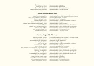 26
Ênia Terezinha Vicente
Joana Darc de Souza
Deanne Teles Cardoso
Eliane Aparecida Silva Rodrigues
Representante de Linguagem
Representante de Matemática
Representante de Ciências da Natureza
Representante de Ciências Humanas
Comissão Regional de Novo Gama
Wânia Mara de Souza Silva
Maria da Guia Nobrega de Almeida
Elane Angélica de Jesus
Genilde Nogueira Rocha
Dilcéia Carmo dos S. Sarmento
Eliane de Jesus Araújo e Luciana Beserra Sousa
Adriany D. Santos
Deusele Maria Damasceno Ribeiro
Simone Alves de Ávila
João Batista da Costa Filho
Claudia Moreira S. Lopes
Coordenadora Regional de Educação, Cultura e Esporte
Secretária Municipal de Educação
Diretora de Núcleo Pedagógico
Representante do Conselho Municipal de Educação
Representante do Sintego
Representante da Educação Infantil
Representante do Ensino Fundamental – Anos Iniciais
Representante do Ensino Fundamental – Anos Iniciais
Representante do Ensino Fundamental – Anos Finais
Representante de Ciências da Natureza
Representante de Ciências Humanas
Comissão Regional de Palmeiras
Vilma Marques de Oliveira
Ovídio Gonçalves Peixoto
Maria Aparecida da Costa Santos
Joyce Mesquita Quirino
Luis Enis do Vale
Cristiane Narciso da Silva
Luciana Gomes Parreira
Kerly Kristhian Couto Ferreira Di Capinam Macêdo
Luciana Alves de Morais
Cleythiany Aguiar e Silva
Euza Felipe de Castro
Luciana Mariano de Oliveira Maciel
Luciana Nunes Pereira
Nilza Fernandes Rios da Veiga
Sandra Roque Correia Coutinho
Luiz Gonzaga Alves Mendonça
Sirlene Rosa Ferreira Oliveira
Coordenadora Regional de Educação, Cultura e Esporte
Secretário Municipal de Educação
Diretora de Núcleo Pedagógico
Coordenadora Pedagógica
Representante do Conselho Municipal de Educação
Representante do Sintego
Representante das Escolas Particulares
Representante da Educação Infantil
Representante do Ensino Fundamental – Anos Iniciais
Representante do Ensino Fundamental – Anos Iniciais
Representante do Ensino Fundamental – Anos Finais
Representante do Ensino Fundamental – Anos Finais
Representante de Linguagem
Representante de Linguagem
Representante de Matemática
Representante de Ciências da Natureza
Representante de Ciências da Natureza
 