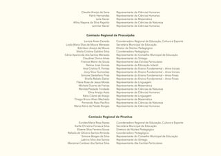 27
Claudia Araújo de Sena
Patrik Hernandes
Leila Xavier
Alliny Nayana da Silva Pagotto
Lenimar Xavier
Representante de Ciências Humanas
Representante de Ciências Humanas
Representante de Matemática
Representante de Ciências da Natureza
Representante de Ciências Humanas
Comissão Regional de Piracanjuba
Lenízia Alves Canedo
Leida Maria Elias de Moura Menezes
Edmilson Araújo de Moura
Sheila Cristina Galdino Silva
Cênia Aparecida dos Santos Menezes
Claudinei Divino Alves
Frances Meire de Souza
Nelma José Gomes
Ana Cristina R. Pontes
Joicy Silva Guimarães
Simone Destefano Pires
Sheilla Rebelo Daher
Flávia Rosa de Jesus Morais
Michele Duarte de Freitas
Renilda Piedade Trindade
Elma Araújo Assis
Kátia Cilene de Araújo
Thiago Bruno Alves Machado
Fernando Rosa Pacífico
Maria Alzira da Paixão Borges
Coordenadora Regional de Educação, Cultura e Esporte
Secretária Municipal de Educação
Diretor de Núcleo Pedagógico
Coordenadora Pedagógica
Representante do Conselho Municipal de Educação
Representante do Sintego
Representante das Escolas Particulares
Representante da Educação Infantil
Representante do Ensino Fundamental – Anos Iniciais
Representante do Ensino Fundamental – Anos Iniciais
Representante do Ensino Fundamental – Anos Finais
Representante do Ensino Fundamental – Anos Finais
Representante de Linguagem
Representante de Matemática
Representante de Ciências da Natureza
Representante de Ciências Humanas
Representante de Linguagem
Representante de Matemática
Representante de Ciências da Natureza
Representante de Ciências Humanas
Comissão Regional de Piranhas
Eurides Maria Rosa Naves
Karlla Christine Fonseca Silva
Elizene Silva Ferreira Sousa
Rafaela de Oliveira Santos Almeida
Simone Borges da Silva
Laércio Silva dos Santos
Marianne Cardoso dos Santos Silva
Coordenadora Regional de Educação, Cultura e Esporte
Secretária Municipal de Educação
Diretora de Núcleo Pedagógico
Coordenadora Pedagógica
Representante do Conselho Municipal de Educação
Representante do Sintego
Representante das Escolas Particulares
 