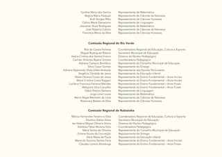 31
Cynthia Maria dos Santos
Regina Maria Pasquali
Ruth Borges Rilko
Celina Maria Damaceno
Jesusmar Alves Rodrigues
José Roberto Calixto
Francisca Maria da Silva
Representante de Matemática
Representante de Ciências da Natureza
Representante de Ciências Humanas
Representante de Linguagem
Representante de Matemática
Representante de Ciências da Natureza
Representante de Ciências Humanas
Comissão Regional de Rio Verde
Rita de Cassia Ferreira
Miguel Rodrigues Ribeiro
Núbia Cristina dos Santos Franco
Carmen Antunes Rejane Simões
Adriano Campos Bonifácio
Silvio Cesar Gomes
Adriana Aparecida Alves Vilela Andrade
Angélica Cândida de Jesus
Nívea Oliveira Couto de Jesus
Meire Cristina Costa Ruggeri
Lucilene Francisca Ferreira Mendes
Walquiria Silva Carvalho
Fábio Pereira Santana
Jorge Lima Loiola
Marta Régia Machado de Lima
Rosemary Batista da Silva
Coordenadora Regional de Educação, Cultura e Esporte
Secretário Municipal de Educação
Diretora de Núcleo Pedagógico
Coordenadora Pedagógica
Representante do Conselho Municipal de Educação
Representante do Sintego
Representante das Escolas Particulares
Representante da Educação Infantil
Representante do Ensino Fundamental – Anos Iniciais
Representante do Ensino Fundamental – Anos Iniciais
Representante do Ensino Fundamental – Anos Finais
Representante do Ensino Fundamental – Anos Finais
Representante de Linguagem
Representante de Matemática
Representante de Ciências da Natureza
Representante de Ciências Humanas
Comissão Regional de Rubiataba
Márcia Fernandes Teixeira e Silva
Silvalino Aleixo Alves
Ise Helena Miguel Oliveira Vieira
Edclésia Fábia Moreira Silva
Maria Selma de Oliveira
Dirlene Souza da Conceição
Aline Maria de Paula
Maria do Socorro Santos Faria
Claudeci Lemos Alvarenga
Coordenadora Regional de Educação, Cultura e Esporte
Secretário Municipal de Educação
Diretora de Núcleo Pedagógico
Coordenadora Pedagógica
Representante do Conselho Municipal de Educação
Representante do Sintego
Representante da Educação Infantil
Representante do Ensino Fundamental – Anos Iniciais
Representante do Ensino Fundamental – Anos Finais
 