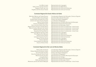 32
Livia Maria Lopes
Kelly Cristina da Silva Ferreira
Regiane Coelho de Lima
Angélica da Silva Souza Tavares
Representante de Linguagem
Representante de Matemática
Representante de Ciências da Natureza
Representante de Ciências Humanas
Comissão Regional de Santa Helena de Goiás
Marcilene Martins de Freitas Parreira
Teresinha Maria Araujo Borges
Andréa Alves Fernandes da Cunha
Janaine de Castro Ferreira Arantes
Valeria Cristina Alves
Cesiany Cândida Brito Vieira
Vera Lúcia dos Santos Silva Pires
Magna Eutímia Ferreira Lacerda Veloso
Marcia Cardozo Marques dos Santos
Valdete Borges da Silva Dias
Deuzelina de Paula Martins
Edene Evangelista da Silva Lopes
Tânia Regina Silva Marques
Daniel Ferreira Pereira
Leonardo Gimenes Ferreira
Raquel Ferreira Souza
Rosania Silvestre
Carlos Roberto de Miranda
Cleuma Oliveira Alves
Coordenadora Regional de Educação, Cultura e Esporte
Secretária Municipal de Educação
Diretora de Núcleo Pedagógico
Coordenadora Pedagógica
Representante do Conselho Municipal de Educação
Representante das Escolas Particulares
Representante da Educação Infantil
Representante do Ensino Fundamental – Anos Iniciais
Representante do Ensino Fundamental – Anos Iniciais
Representante do Ensino Fundamental – Anos Finais
Representante do Ensino Fundamental – Anos Finais
Representante de Linguagem
Representante de Matemática
Representante de Ciências da Natureza
Representante de Ciências Humanas
Representante de Linguagem
Representante de Matemática
Representante de Ciências da Natureza
Representante de Ciências Humanas
Comissão Regional de São Luís de Montes Belos
Eliana Leão do Amaral
Poliana Messias Gonçalves Cabral
Ireni Fernandes da Silva
Rívia Guimarães de Souza Costa
Marciel Ferreira da Silva
Euripedes Barra
Aline Oliveira Dias
Núbia de Kássia Ferreira
Meirevona Jacinta de Oliveira Marques
Coordenadora Regional de Educação, Cultura e Esporte
Secretária Municipal de Educação
Diretora de Núcleo Pedagógico
Coordenadora Pedagógica
Representante do Conselho Municipal de Educação
Representante do Sintego
Representante das Escolas Particulares
Representante da Educação Infantil
Representante do Ensino Fundamental – Anos Iniciais
 