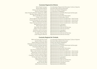 34
Comissão Regional de Silvânia
Vânia Estela Campos
Rosane Maria Batista
Helena dos Santos Cordeiro
Patrícia Canedo Viegas
Dalia Teresinha Rhoden Oppermann Melo
Renildes Aparecida Pereira Paula
Maria Inês Mariano Chaves
Cleide Cortez Soares
Simone Mírian Gonçalves Pereira
Susiene Marques de Lima Camilo
Marciel Aparecido Brandão
Paulo Henrique Santana Fonseca
Wanderléa Sousa Santos
Maria Girlene Bueno
Marineide Abreu Batista
Edilson Ferreira Godinho
Vandione Justino de Jesus
Divina Cardoso dos Santos
Enivaldo Alves da Silva
Leide Nogueira Martins
Coordenadora Regional de Educação, Cultura e Esporte
Secretária Municipal de Educação
Diretora de Núcleo Pedagógico
Coordenadora Pedagógica
Representante do Conselho Municipal de Educação
Representante do Sintego
Representante das Escolas Particulares
Representante da Educação Infantil
Representante do Ensino Fundamental – Anos Iniciais
Representante do Ensino Fundamental – Anos Iniciais
Representante do Ensino Fundamental – Anos Finais
Representante do Ensino Fundamental – Anos Finais
Representante de Linguagem
Representante de Matemática
Representante de Ciências da Natureza
Representante de Ciências Humanas
Representante de Linguagem
Representante de Matemática
Representante de Ciências da Natureza
Representante de Ciências Humanas
Comissão Regional de Trindade
Maria da Dores da Silva Costa
Leandra Maria de Jesus
Elaine Regina de Araújo Silva
Elizângela de Souza Rezende Ferreira
Virginia da Silva Camargo Bonfanti
Arquidones Bites Leão Leite
Cristian Kerly Ferreira
Laio Vinicius Santana Guimarães
Maria José Cardoso dos Santos
Alessandra Lemes de Oliveira
Patrícia Oliveira Santos Mateus
Cristýellen Cecilia de Oliveira Melo
Soraya de Souza e Silva Melo
Adão Gomes de Souza
André Duarte da Silva
Herbert de Melo
Renan da Silva Neli
Adão Gomes de Souza
Coordenadora Regional de Educação, Cultura e Esporte
Secretária Municipal de Educação
Diretora de Núcleo Pedagógico
Coordenadora Pedagógica
Representante do Conselho Municipal de Educação
Representante do Sintego
Representante das Escolas Particulares
Representante da Educação Infantil
Representante do Ensino Fundamental – Anos Iniciais
Representante do Ensino Fundamental – Anos Iniciais
Representante do Ensino Fundamental – Anos Finais
Representante do Ensino Fundamental – Anos Finais
Representante de Linguagem
Representante de Matemática
Representante de Ciências da Natureza
Representante de Ciências Humanas
Representante de Linguagem
Representante de Matemática
 