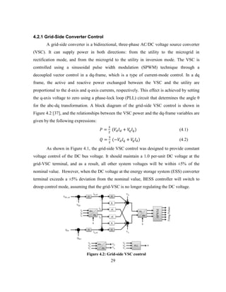 29
4.2.1 Grid-Side Converter Control
A grid-side converter is a bidirectional, three-phase AC/DC voltage source converter
(VSC). It can supply power in both directions: from the utility to the microgrid in
rectification mode, and from the microgrid to the utility in inversion mode. The VSC is
controlled using a sinusoidal pulse width modulation (SPWM) technique through a
decoupled vector control in a dq-frame, which is a type of current-mode control. In a dq
frame, the active and reactive power exchanged between the VSC and the utility are
proportional to the d-axis and q-axis currents, respectively. This effect is achieved by setting
the q-axis voltage to zero using a phase-lock loop (PLL) circuit that determines the angle‎θ‎
for the abc-dq transformation. A block diagram of the grid-side VSC control is shown in
Figure 4.2 [37], and the relationships between the VSC power and the dq-frame variables are
given by the following expressions:
(4.1)
(4.2)
As shown in Figure 4.1, the grid-side VSC control was designed to provide constant
voltage control of the DC bus voltage. It should maintain a 1.0 per-unit DC voltage at the
grid-VSC terminal, and as a result, all other system voltages will be within ±5% of the
nominal value. However, when the DC voltage at the energy storage system (ESS) converter
terminal exceeds a ±5% deviation from the nominal value, BESS controller will switch to
droop control mode, assuming that the grid-VSC is no longer regulating the DC voltage.
Figure ‎
4.2: Grid-side VSC control
 