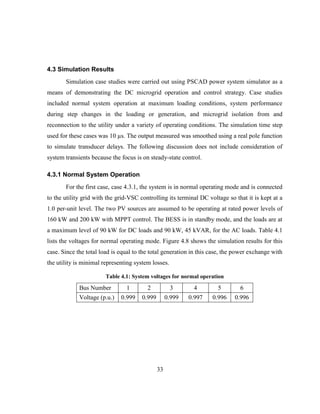 33
4.3 Simulation Results
Simulation case studies were carried out using PSCAD power system simulator as a
means of demonstrating the DC microgrid operation and control strategy. Case studies
included normal system operation at maximum loading conditions, system performance
during step changes in the loading or generation, and microgrid isolation from and
reconnection to the utility under a variety of operating conditions. The simulation time step
used for these cases was 10 µs. The output measured was smoothed using a real pole function
to simulate transducer delays. The following discussion does not include consideration of
system transients because the focus is on steady-state control.
4.3.1 Normal System Operation
For the first case, case 4.3.1, the system is in normal operating mode and is connected
to the utility grid with the grid-VSC controlling its terminal DC voltage so that it is kept at a
1.0 per-unit level. The two PV sources are assumed to be operating at rated power levels of
160 kW and 200 kW with MPPT control. The BESS is in standby mode, and the loads are at
a maximum level of 90 kW for DC loads and 90 kW, 45 kVAR, for the AC loads. Table 4.1
lists the voltages for normal operating mode. Figure 4.8 shows the simulation results for this
case. Since the total load is equal to the total generation in this case, the power exchange with
the utility is minimal representing system losses.
Table ‎
4.1: System voltages for normal operation
Bus Number 1 2 3 4 5 6
Voltage (p.u.) 0.999 0.999 0.999 0.997 0.996 0.996
 