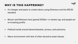 31
WHY IS THIS HAPPENING?
• It’s cheaper and easier to create tokens using Ethereum and the ERC20
standard
• Bitcoin and Ethereum have gained $100bn+ in market cap, and people are
re-investing profits
• Political trends around decentralization, privacy, and autonomy
• Macro environment with lack of other attractive asset classes
 