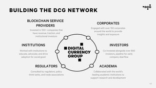 43
BUILDING THE DCG NETWORK
CORPORATES
ACADEMIA
INVESTORS
REGULATORS
INSTITUTIONS
BLOCKCHAIN SERVICE
PROVIDERS
Invested in 100+ companies that
have revenue, traction, and
institutional investors
Co-invested alongside over 800
investors, pipeline for early
company deal flow
Engaged with over 150 corporates
around the world to provide
insights and exposure
Collaborated with the world’s
leading academic institutions to
support research and development
Worked with institutions to
educate, advocate, and drive
adoption for social good
Consulted by regulators, policy
think tanks, and trade associations
 