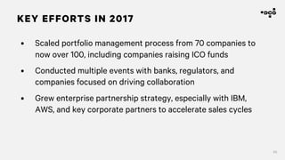 58
KEY EFFORTS IN 2017
• Scaled portfolio management process from 70 companies to
now over 100, including companies raising ICO funds
• Conducted multiple events with banks, regulators, and
companies focused on driving collaboration
• Grew enterprise partnership strategy, especially with IBM,
AWS, and key corporate partners to accelerate sales cycles
 