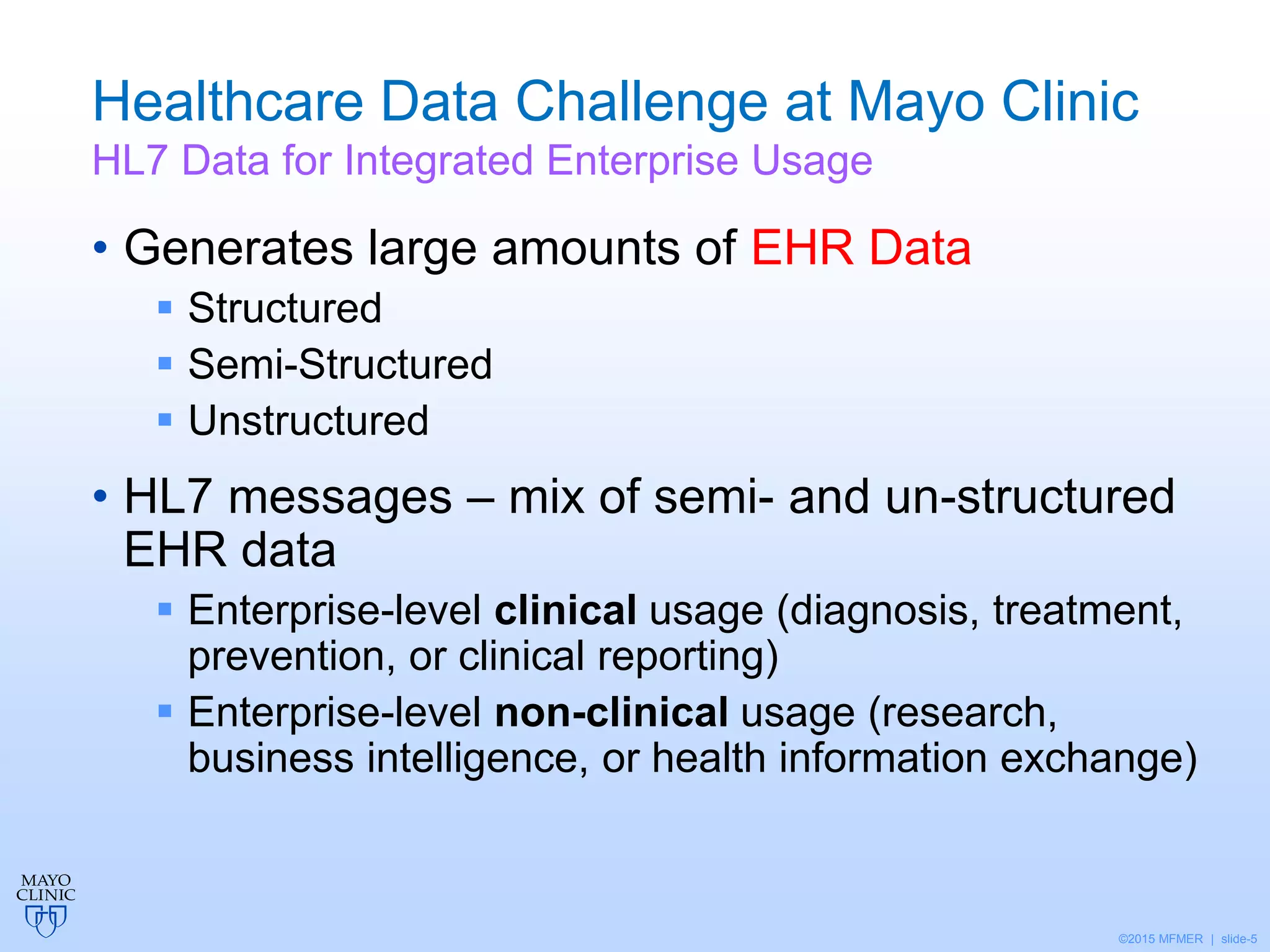 ©2015 MFMER | slide-5
Healthcare Data Challenge at Mayo Clinic
HL7 Data for Integrated Enterprise Usage
• Generates large amounts of EHR Data
 Structured
 Semi-Structured
 Unstructured
• HL7 messages – mix of semi- and un-structured
EHR data
 Enterprise-level clinical usage (diagnosis, treatment,
prevention, or clinical reporting)
 Enterprise-level non-clinical usage (research,
business intelligence, or health information exchange)
 